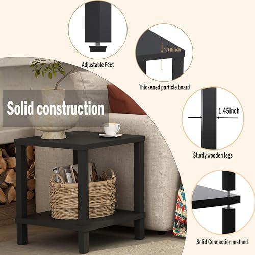 MMEOLUOOK Large End Table Square Side Table Modern Sofa Table 20 Inch Industrial Coffee Table NightStand with 2-Tier Storage Shelf for Living Room Bedroom Black MLBZ06B - Image 5
