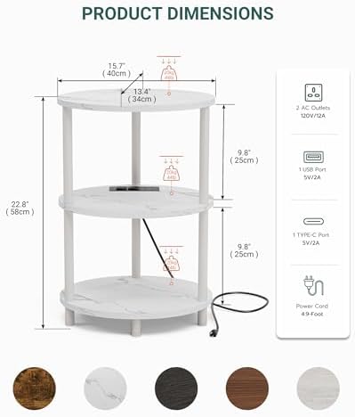 Small Round Side Table - 3-Tier Oval Accent Table for Small Spaces, Rustic Wood and Metal Nightstand for Living Room or Bedroom, with Built-in USB Ports and Power Outlet, Marble White - Image 2