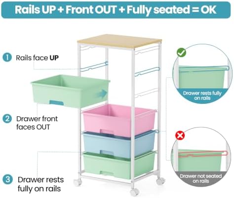 6 Drawer Rolling Storage Cart with Wooden Top and Wheels for Craft Rainbow - Image 6