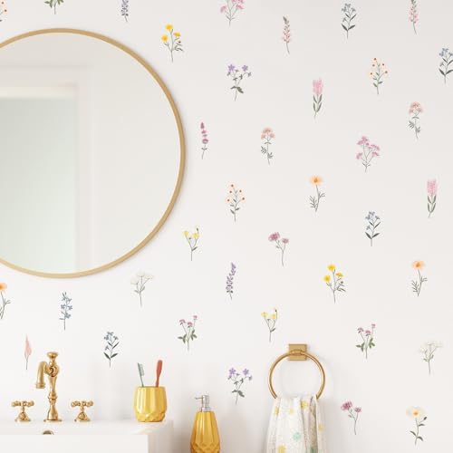 Pastel Wildflower Wall Decals - Set of 37 Peel & Stick Botanical Flower Stickers for Bedroom, Nursery & Living Room - Removable Yellow, Pink & Purple Floral Wall Decor by WallPalz