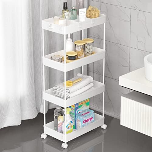 SPACELEAD 4 Tier Rolling Cart with Wheels, Storage Craft Art Trolley Organizer Serving, 3 Hanging Baskets Easy Assembly, for Office, Living Room, Kitchen by Home