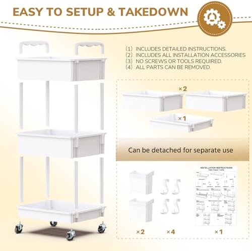 Goovilla Diaper Cart with Lockable Wheels and Easy Assembly, 3 Tier White - Image 6