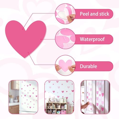 AOWDIAO 170 Pcs Heart Wall Decals - Peel and Stick Pink Decor for Girl Bedroom, Nursery, Playroom Decoration - Image 5