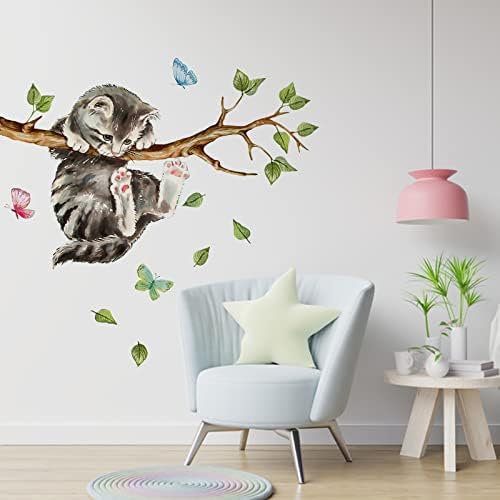 Yovkky Cat on Tree Branches Wall Decals Stickers, Kitty Animal Nursery | Decor, Green Leaves Baby Kids Bedroom Home Decorations Art - Image 4