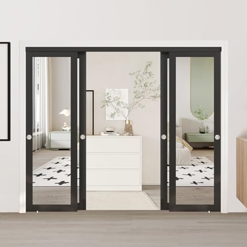 JUBEST 96" x 80" Mirror Closet Door, Preassembled One Side Mirror Door with Hardware Kit & Matching Fascia, Solid Wood Frame with Water-Proof PVC Surface, Easy to Install, Black by JUBEST