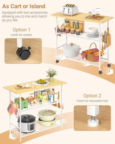 Kitchen Island with 3 Shelves, Rolling Kitchen Cart with 6 Hooks and Protective Shelf, Microwave Stand on Lockable Wheels, Bakers Rack Coffee Bar for Dining, Living Room, Outdoor, Metal Frame, White - Image 5