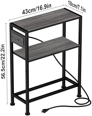 Small Narrow Side Table with Charging Station, Skinny End Table for Small Spaces, Slim Nightstand with Outlets, Sofa Bedside Table in Living Room, Bedroom, Study, Kitchen and Balcony(Grey) - Image 3