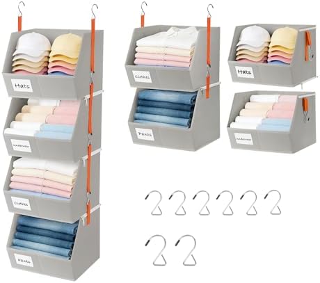 4 Pcs Modular Closet Organizer - Detachable & Foldable Hanging Storage Cubes, 88L Total Capacity, Heavy Duty Fabric Shelves for Wardrobe, Closet Organization, RV, Dorm, Grey by Baesyhom