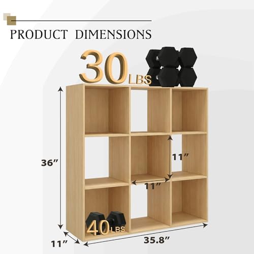 WannabeMyself【Sturdy Build&Easy Assembly】9 Cube Storage Organizer with Anti-Tipping Kits,Reversible Open Back Book Shelf, Bookcase for Living Room,Bedroom,Entrance Hall,Office,35.8×11.4×35.9,Oak Color - Image 2