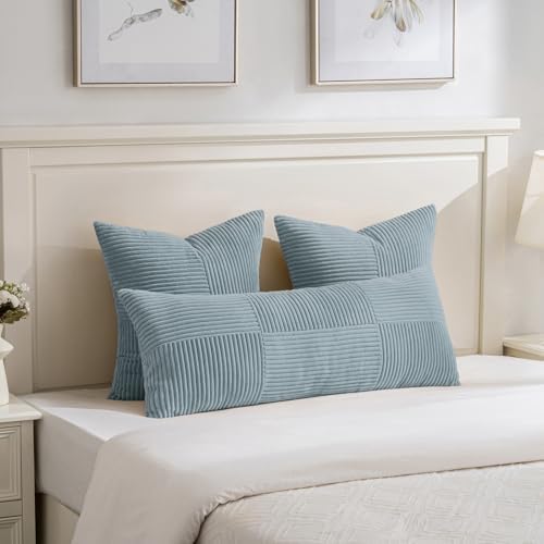 Fancy Homi Set of 2 Light Blue Decorative Throw Pillow Covers 22x22 Inch for Living Room Couch Bed Sofa, Farmhouse Boho Home Decor, Soft Cross Corduroy Patchwork Accent Square Cushion Case 55x55 cm - Image 5