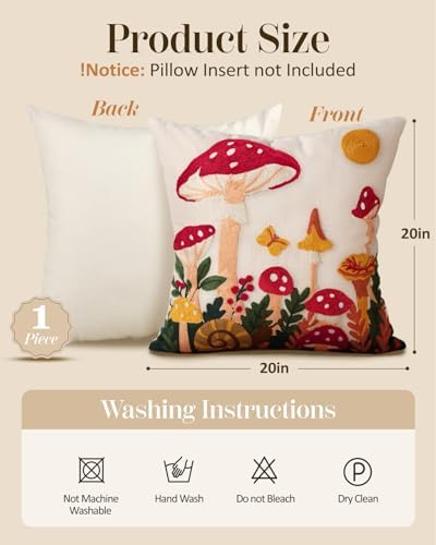 Embroidered Throw Pillow Cover 20x20 Inch, Mushroom Moon - Image 4