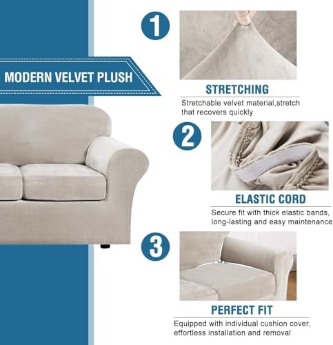 H.VERSAILTEX High Stretch Sofa Slipcover 4 Piece Cover Velvet Furniture Protector Form Fit Thick Velvet Extra Large Sofa Cover for 3 Cushion Couch Width Up to 97 Inch (Large Sofa, Oatmeal) - Image 3