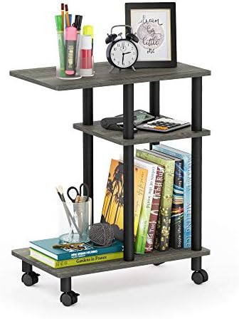 Furinno Turn-N-Tube C Shaped Side Table with Casters, French Oak Grey/Black - Image 6