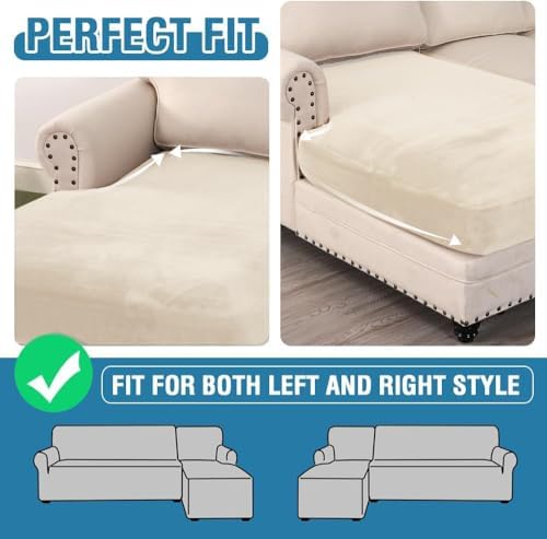 H.VERSAILTEX Velvet Stretch Individual Chaise Cover Sectional Couch Covers for L Shaped Sofa Both Left/Right Furniture Protector Seat Cushion Sofa Cover (1 Piece Chaise Cover, Cream) - Image 5