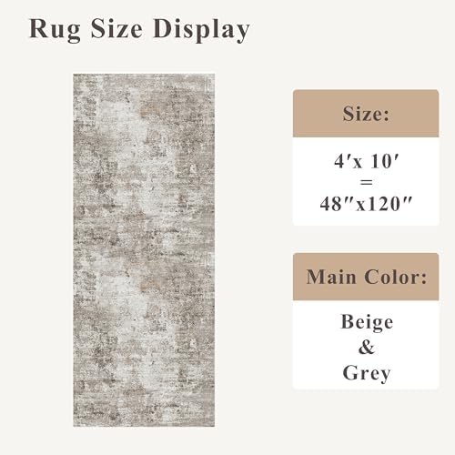 4x10 ft Extra Wide Hallway Rug – Non-Slip Washable Rubber-Backed Large Carpet Runner for Kitchen, Entryway | Modern Abstract, Low-Pile Thin Floor Mat for Bedroom Living Room Dining Room (Beige,Grey) - Image 2