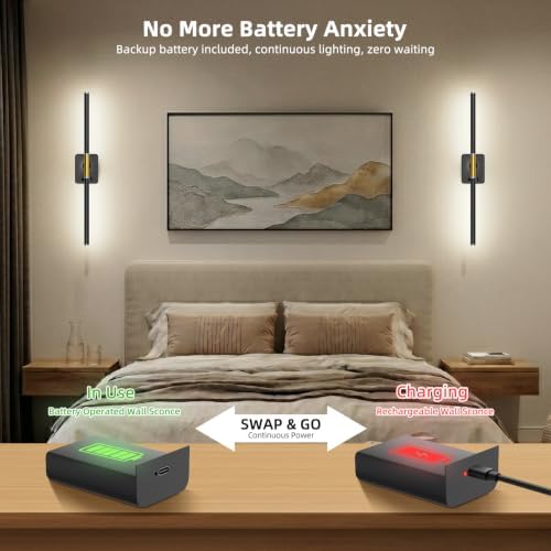 Cordless Wall Sconces Battery Operated Set of 2, Detachable Battery | Digital Battery Display,Backup Battery,3CCT Dimmable,Timer,360°Rotatable,Easy Install,No Wiring for Bedroom Living Room Decor - Image 3