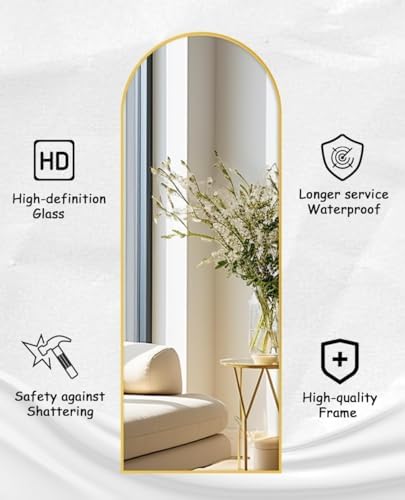 Rowjut 64"x21"Floor Mirror Arched Full Length Mirros, Mirror Floor Length Standing Hanging or Leaning/Large Full Body/Wall Mirror for Bedroom, Living Room, Aluminum Frame, Gold - Image 5