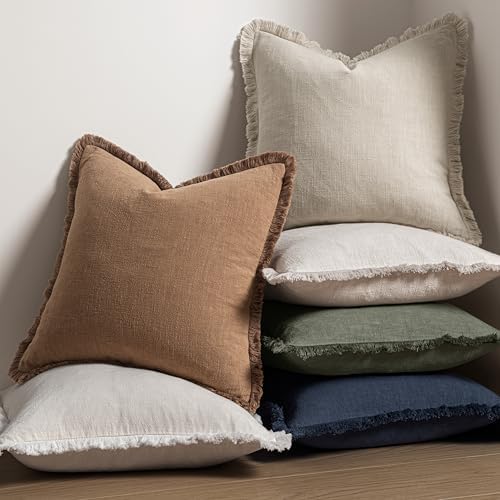 MIULEE Linen Fringe Decorative Fall Euro Throw Pillow Covers Brown 26x26 - Image 5
