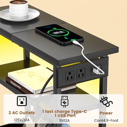 Creso hom Narrow Side Table with Charging Station and LED Light, End Table - Image 5