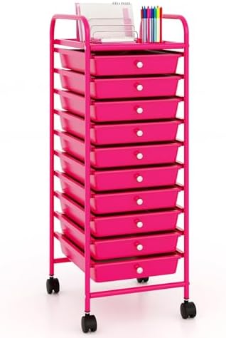 10-Drawer Rolling Storage Cart, Trolley w/Lockable 360° Wheels, 10 Removable PP Drawers, Sturdy Metal Frame, Rolling Utility Cart Perfect for Home, Office, Classroom (Hot Pink) by BUYNOW