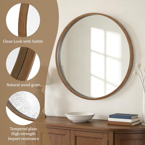 WallBeyond Round Wood Mirror, 32" Round Modern Decoration Large Circle Wall Mirror for Bathroom Living Room Bedroom Entryway, Walnut - Image 5