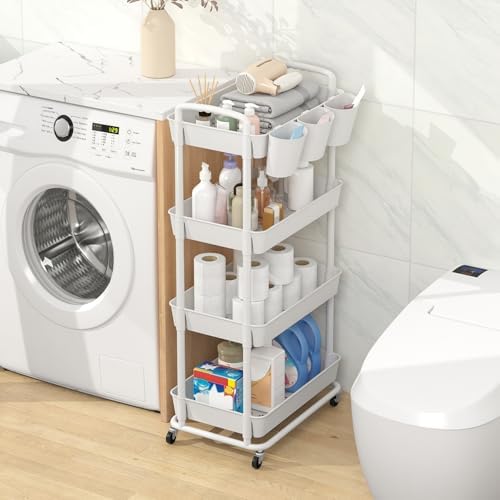 JIUYOTREE 4-Tier Plastic Rolling Storage Cart Utility Cart White - Image 3