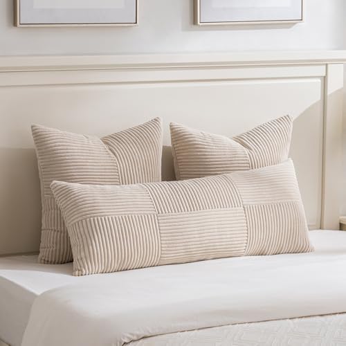 Fancy Homi 2 Packs Tan Euro Decorative Throw Pillow Covers 26x26 Inch for Living Room Couch Bed, Farmhouse Boho Home Decor, Soft Corss Corduroy Patchwork Textured Square Beige Cushion Case 66x66 cm - Image 5