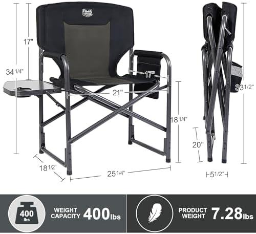 TIMBER RIDGE Aluminum Oversized Camping Chair, Lightweight Portable Directors Chair with Side Table Detachable Side Pocket for Outdoor Camping, Lawn, Picnic, Support 400lbs Black 2 Pack - Image 3