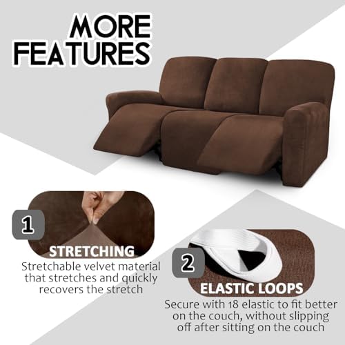 ULTICOR Velvet 8-Pieces Recliner Sofa Covers Stretch Reclining Couch Covers for 3 Cushion Reclining Sofa Slipcovers Furniture Covers Thick Soft Washable (3 Seater Recliner Cover, Chocolate) - Image 4