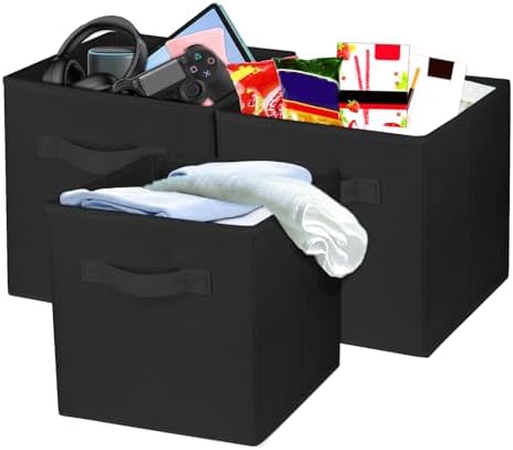 3 Pcs Storage Cubes, 10.5 Inch Collapsible Storage Bins, Fabric Foldable Bins for Organization, Durable Storage Bins for Closet, Shelves, Offices (Black) by Zuihug