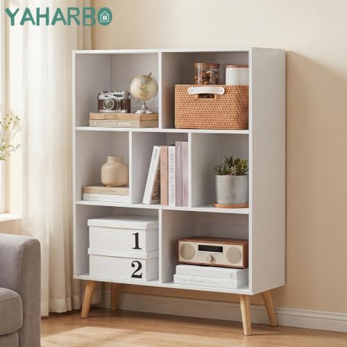 YAHARBO White Bookshelf,3 Tier Book Shelf with Legs, 7 Cube Minimalist Bookcase,Storage Organizer Shelves Display Bookcases for Bedroom,Living Room - Image 3