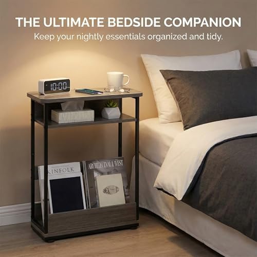 Narrow Side Table,3-Tier Slim End Table with Storage Shelf,Modern Sofa Table Thin Side Table for Narrow and Small Spaces, Skinny Bedside Table Small Nightstand with Magazine Rack Space Saving/Grey - Image 6