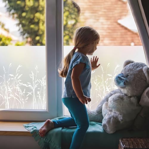 Static Cling Privacy Window Film, 78" x 17" Frosted Glass Covering with Wildflower & Botanical Patterns, Removable No Glue Window Film for Home Bathroom Bedroom Office (Minimalist Wild Grass) - Image 4