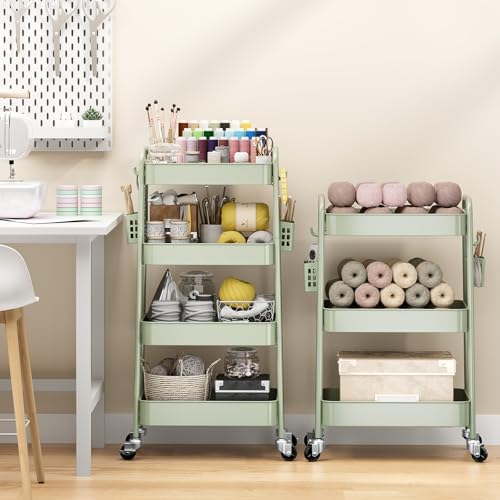 TOOLF 4 Tier Rolling Cart, Metal Utility Storage Cart with Pegboard, Green | 2 Bins & 4 Hooks, Screwless Assembly, Lockable Wheels, Trolley Organizer for Bathroom, Kitchen, Office, Dorm, Craft Room - Image 2