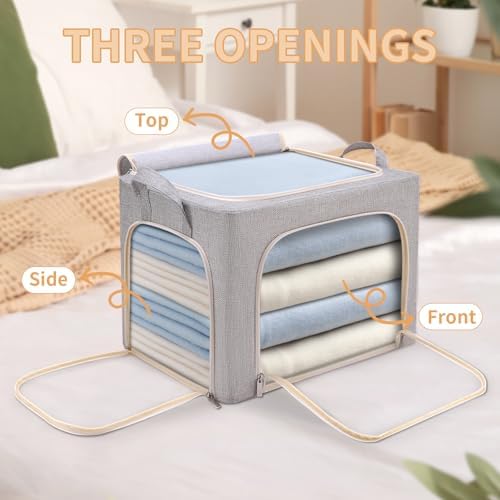 combocube 3-Side Zippered Openings Clothes Storage Bins with Thick Metal Frame, Stackable & Foldable Clothing Storage Bins with Lid, Linen Fabric Closet Storage Box with Large Clear Window, 3 Pack - Image 2