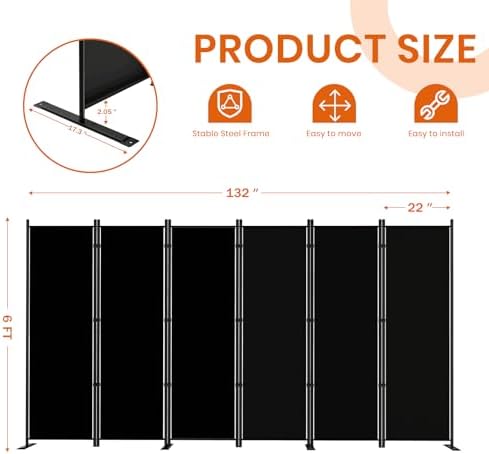 SUNALLY Room Divider Privacy Screens, 6 Panel Divider for Separation, Black - Image 2
