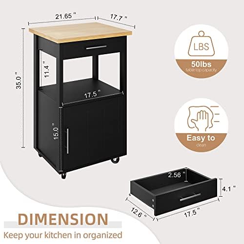 Shintenchi Kitchen Island Cart with Storage,Rolling Kitchen Island Side Table on Wheels with Worktop,Single Door Storage Cabinet and Drawer for Kitchen,Dinning Room, Black - Image 3