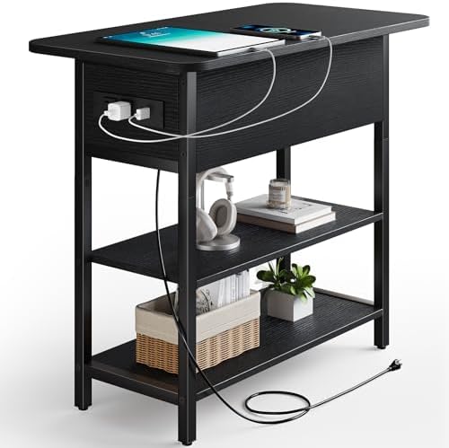 Yoobure End Table with Charging Station, Flip Top Side Table with USB Ports and Outlets, Sofa Couch Table Bedside Table for Living Room Bedroom, Narrow Nightstand with Storage Shelves for Small Space by Yoobure