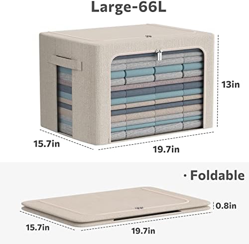 CYhom 3Pack Foldable Storage Bins - Frame Storage Box Linen Fabric Stackable Clothes Container Organizer with Clear Window & Carry Handles Large Capacity (Large-66L, Beige) - Image 4