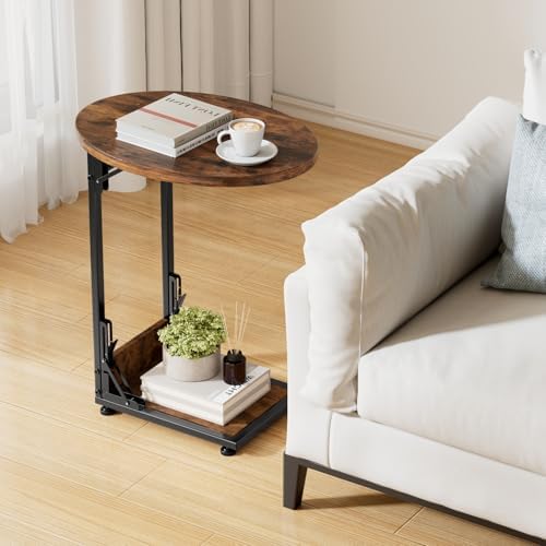 Elbourn Folding Side Table End Couch Tables,Metal Frame C-Shaped TV Stand for Sofa Living Bedroom Bedside Coffee Small Spaces(Vintage Wood Color) - Image 2