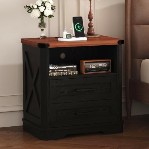 Yusong 23.62" Tall Farmhouse Nightstand, Rustic Wooden Night Stand with Charging Station, Beside Table with Drawers and Open Storage, End Tables for Bedroom, Black - Image 3