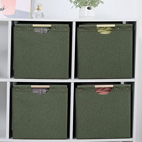 HOONEX Large Collapsible Storage Bins, Linen Fabric, Pack of 2, Storage Baskets with Wooden Carry Handles and Sturdy Heavy Cardboard, for Home, Office, Car, Nursery, Olive - Image 4