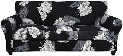 SearchI Stretch Sofa Cover Printed Couch Cover, Floral Pattern 4 Pieces Sofa Slipcover with 3 Separate Cushion Cover, Washable Furniture Protector for Living Room(Sofa, Black+Palm Leaves) by SearchI