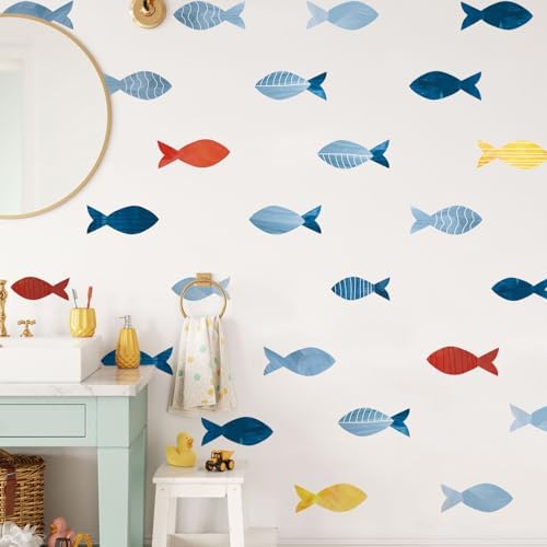80 Pcs Creative Ocean Fish Wall Decals, Peel and Stick Blue Fish Wall Stickers, Vibrant Sea Life Watercolor Fishing Wall Decor for Kids Room Nursery Bedroom Playroom Classroom - Image 6