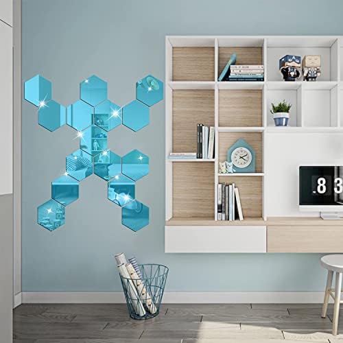 DIY Wall Decals Acrylic Mirror Sticker Set 12 Pcs, Hexagon Mirror Wall Stickers for Living Room Bedroom Decor (Blue) - Image 4