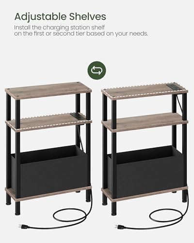 CHOEZON Small Narrow Side Table with Charging Station, Skinny End Table with Fabric Basket, Slim Nightstand for Small Spaces, Sofa Side Table, for Living Room, Bedroom, Greige and Black TBZ07UFH - Image 4