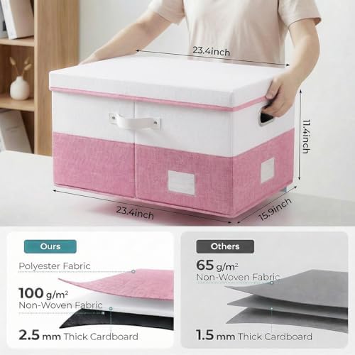 PRANDOM Storage Bins with Lids [3-Pack] Linen Fabric Foldable Storage Boxes Organizer Containers Baskets Cube with Cover for Bedroom Closet Office White&Pink (23.4X15.9X11.4) - Image 3