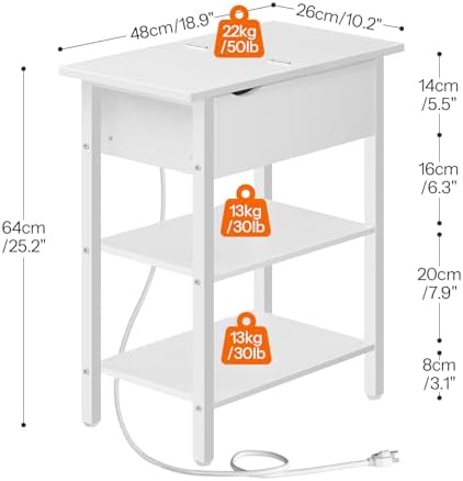 HOOBRO End Table with Charging Station, Narrow Side Table, Flip Top Nightstand with USB Ports and Outlets, Bedside Tables with Shelf for Small Spaces, Living Room, White WT341BZ01 - Image 3