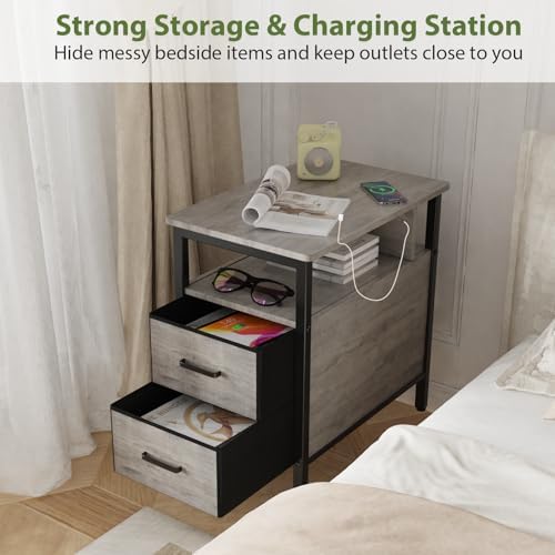 End Table with Charging Station and 2 Fabric Drawers, Greige - Image 3