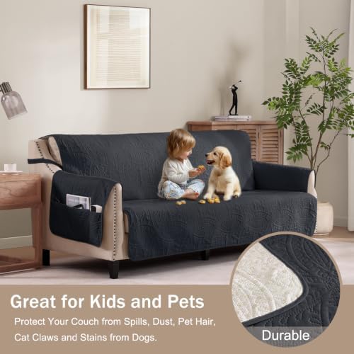 Black Loveseat Covers 2 Cushion Couch, Water-Repellent Sofa Cover for Love Seat, Washable Quilted Couch Covers, Pet Friendly Sofa Slipcovers (Loveseat 56", Black) - Image 2